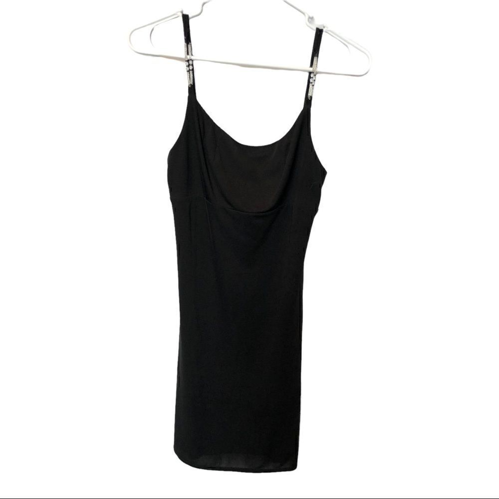 Bisou Bisou Black strappy dress midi lined beads on straps Small